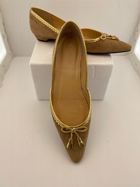 J. Crew Tan Suede Pointed-Toe Flats with Gold Trim and Tassel